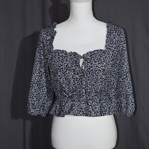 Urban Outfitters Black Floral Tie-Front Crop Peasant Blouse - Women's Size SP